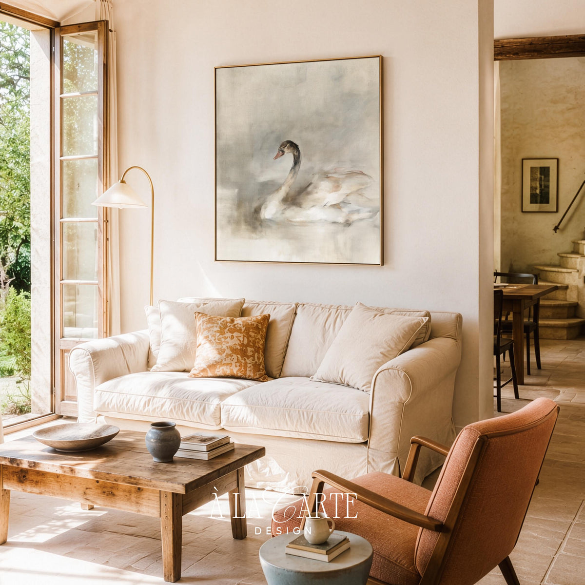 Large swan wall art printable for living spaces — dreamy profile with misty reflections and soft brushwork