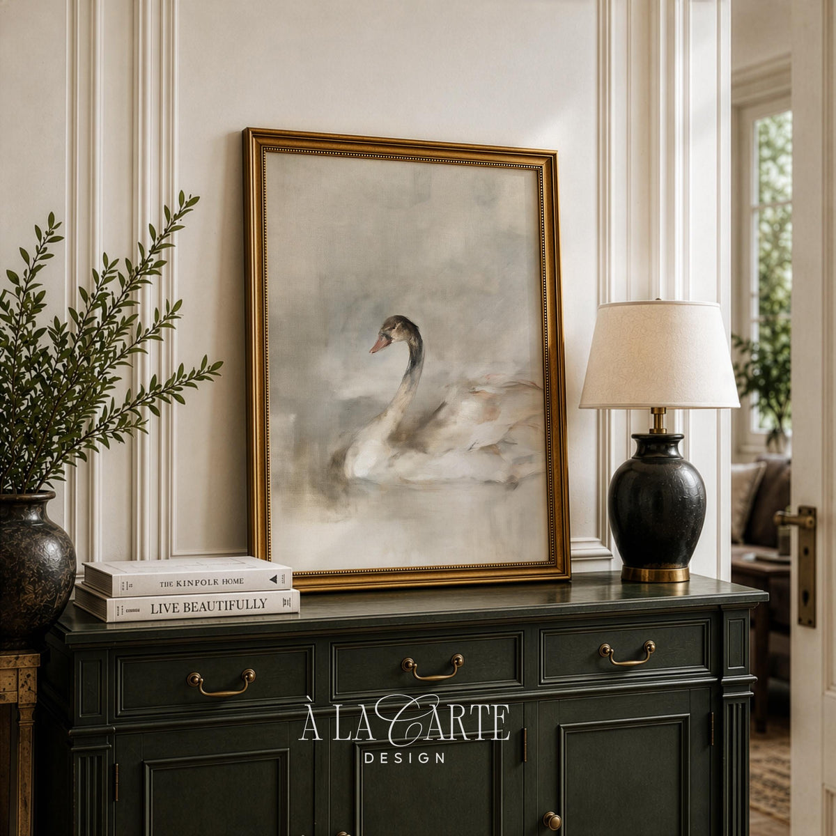 Serene waterfowl painting printable art — hazy atmospheric design in cream and warm gray