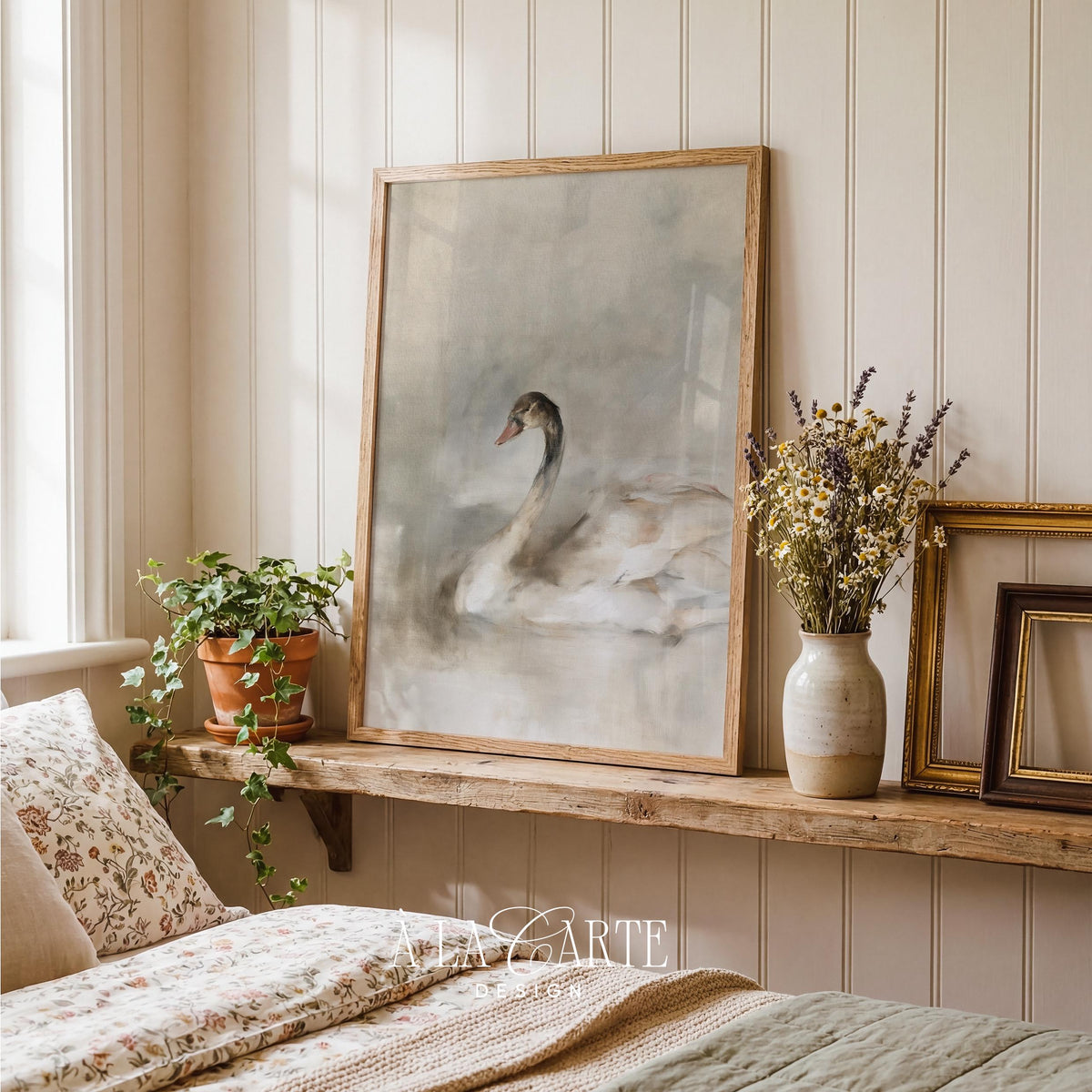 Graceful swan gliding on water digital print for living room — moody vintage wall art with soft taupe tones