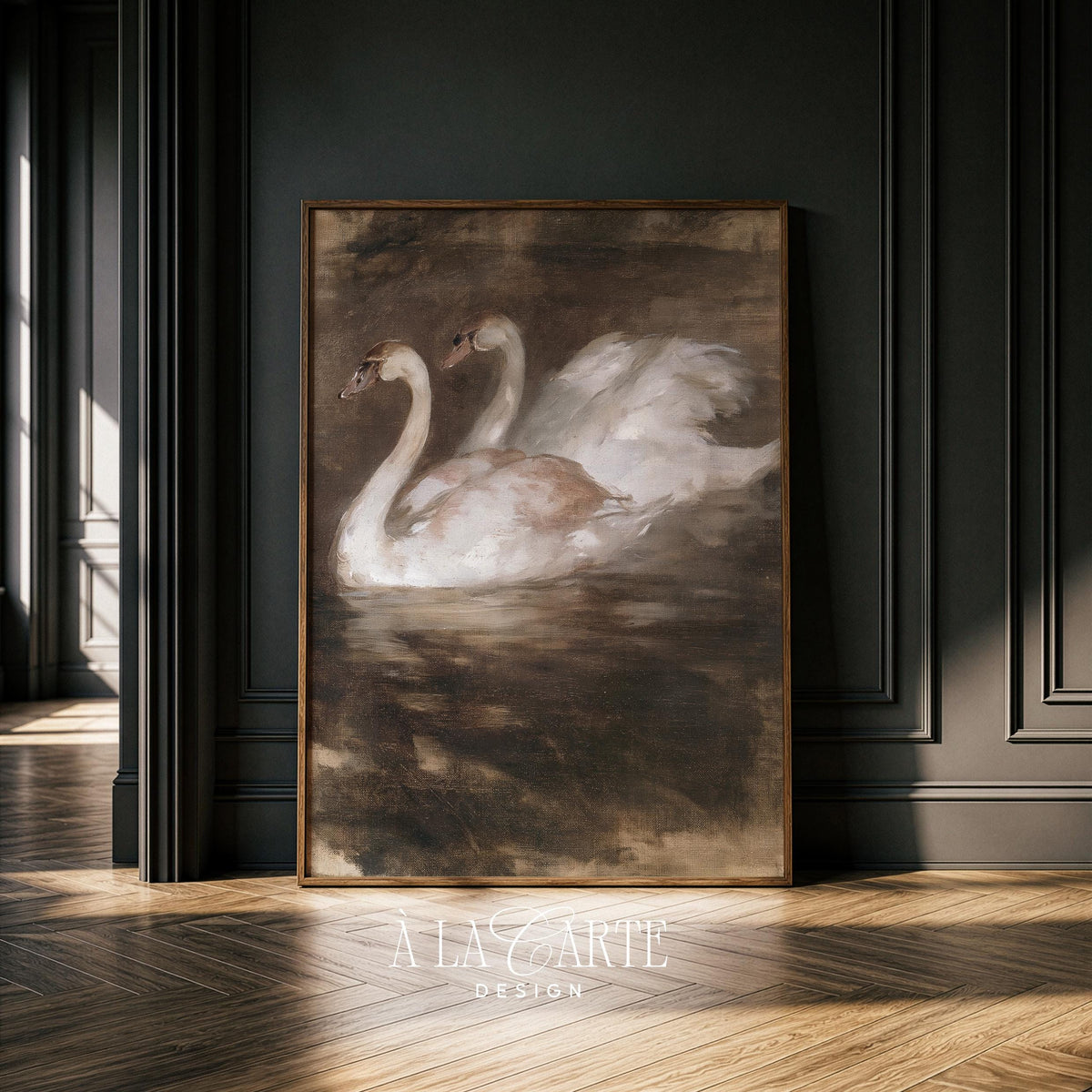 Elegant waterfowl poster — dark academia aesthetic with shadowy ripples and sophisticated vintage charm