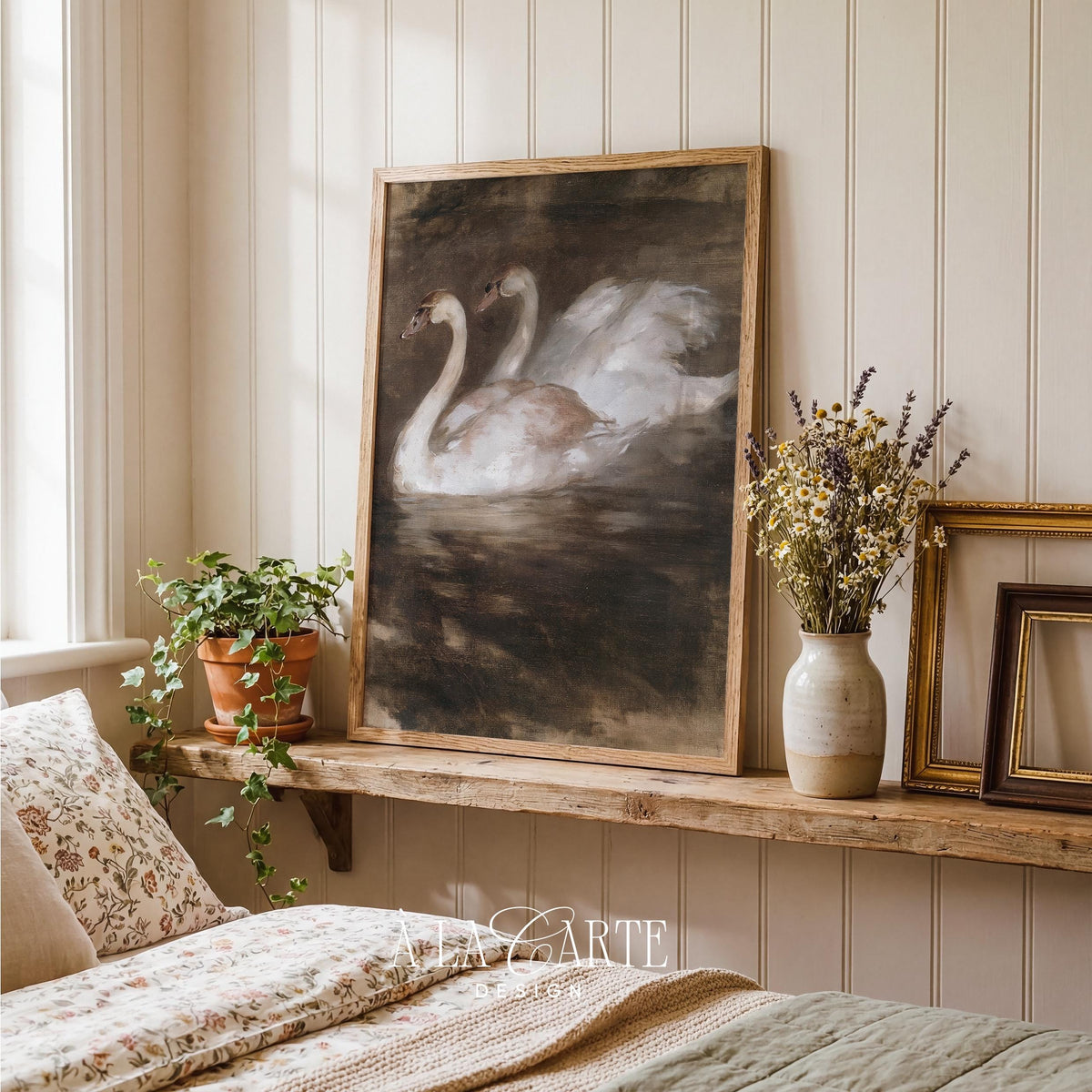 Swan pair wall art for living room — vintage oil painting printable with intimate romantic mood