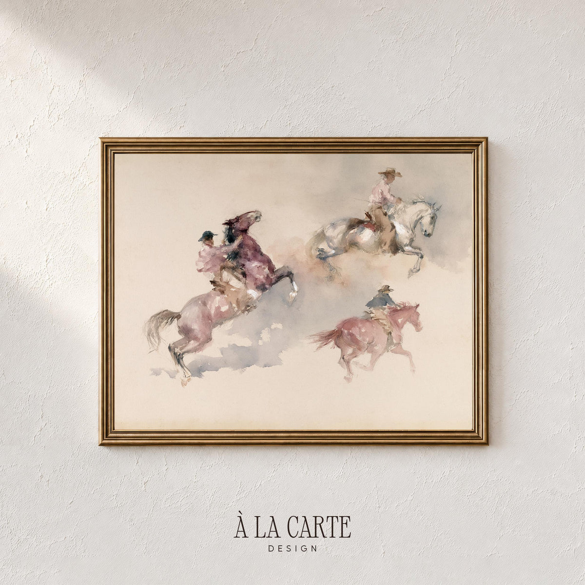 Galloping horses wall decor for den — vintage western portrait with loose brushstroke technique