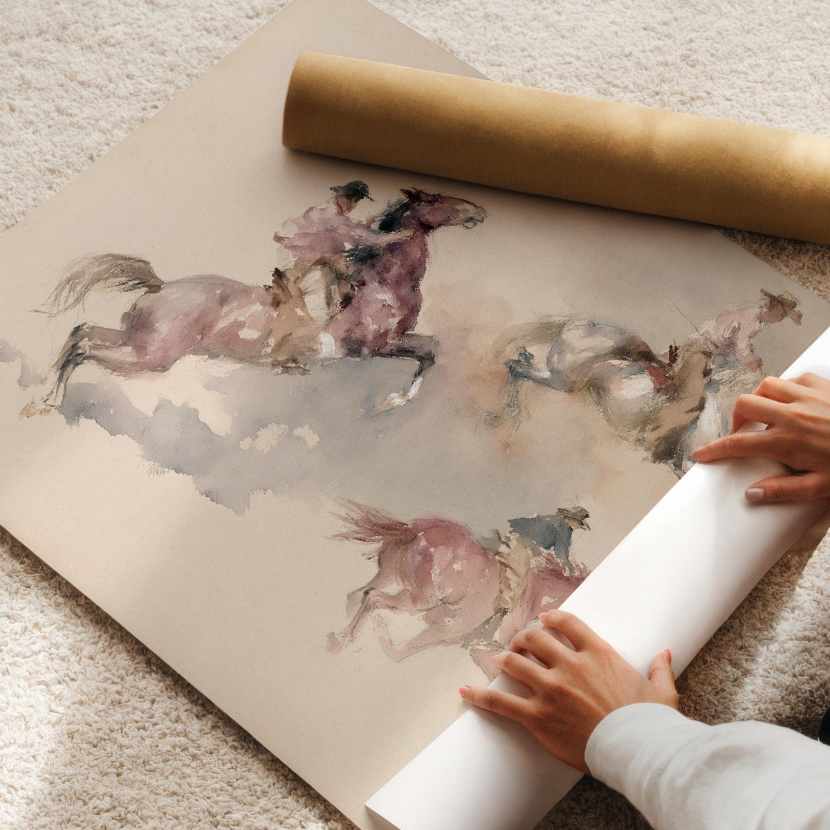 Cowboys on galloping horses poster for bedroom — watercolor western art with soft blush and gray tones