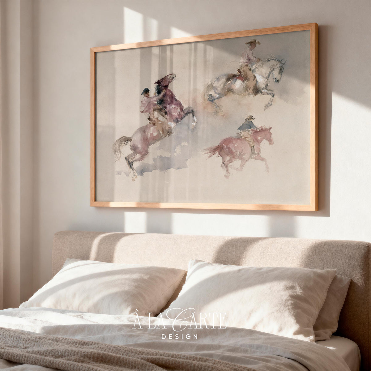 Galloping horse riders wall art for bedroom — sketched painting in dusty rose, gray, and cream palette
