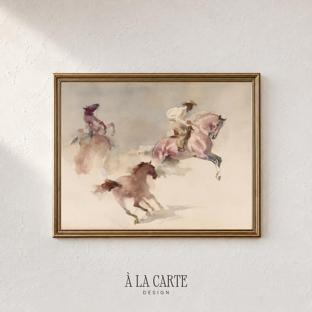 Bucking horses with cowboys poster for entryway — soft watercolor western art with faded tones and dreamy atmosphere