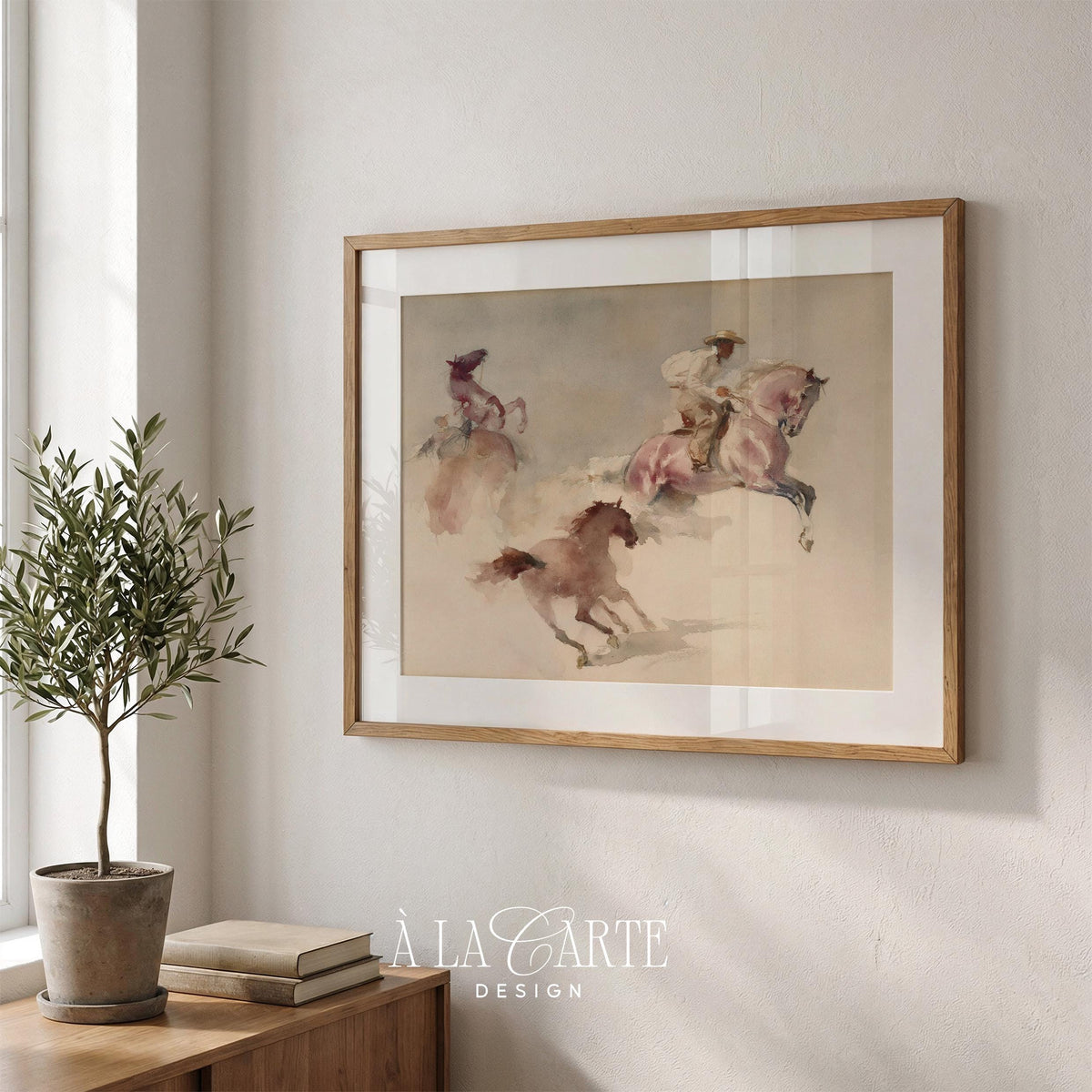 Dynamic frontier scene poster — soft vintage watercolor painting featuring galloping horses and nostalgic western energy