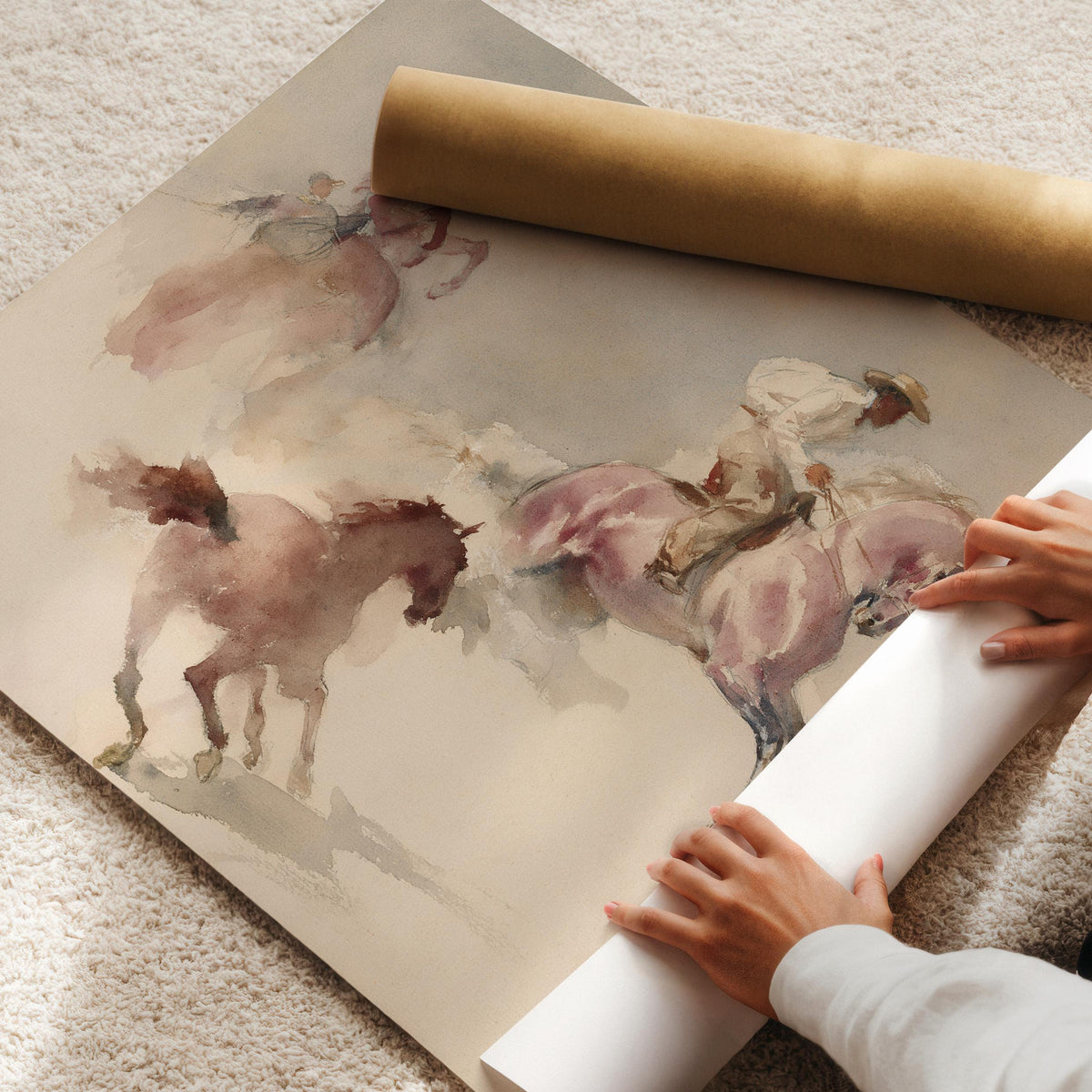 Cowboy riders with loose horse artwork for above bed — rustic watercolor with sun-bleached colors and dreamy western mood