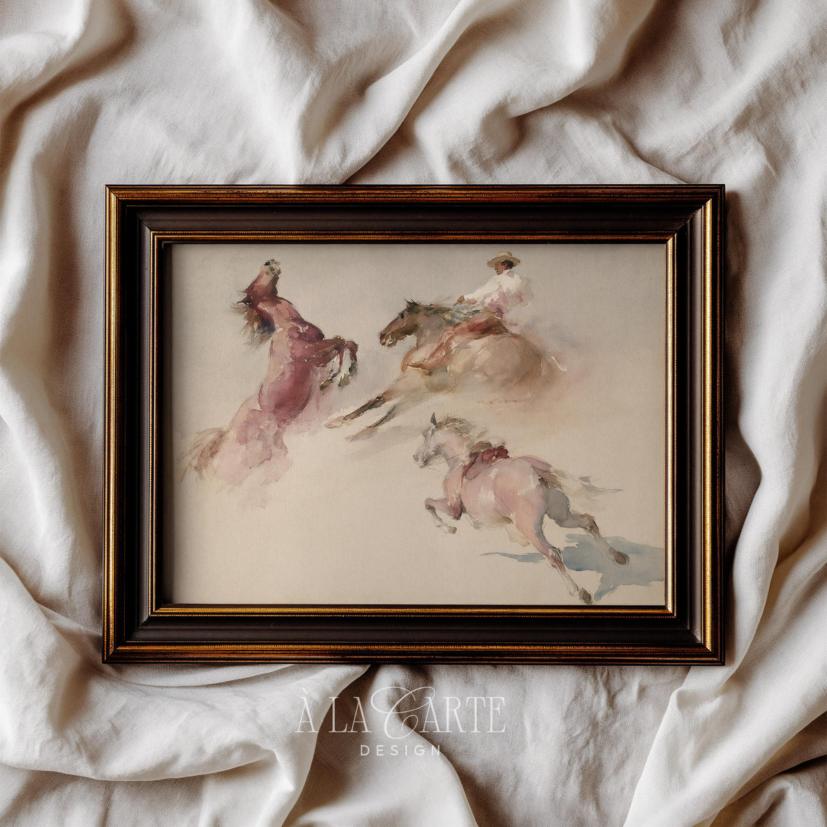 Spirited horses and rider picture — rustic watercolor printable for western-themed rooms