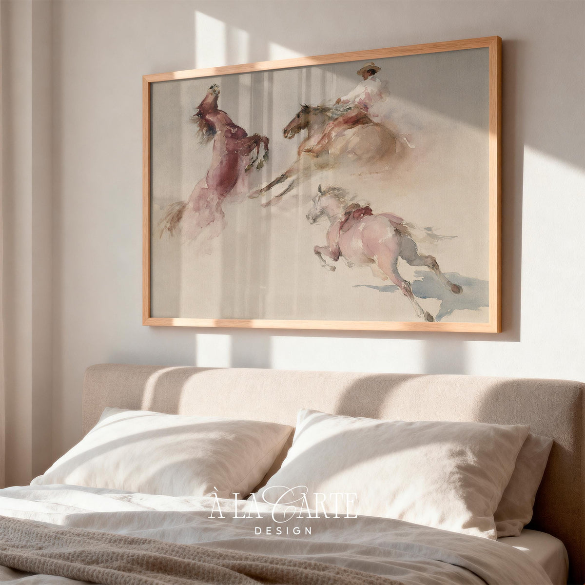 Wild horse herding wall art for living room — faded antique cowboy painting in soft grays and peachy hues