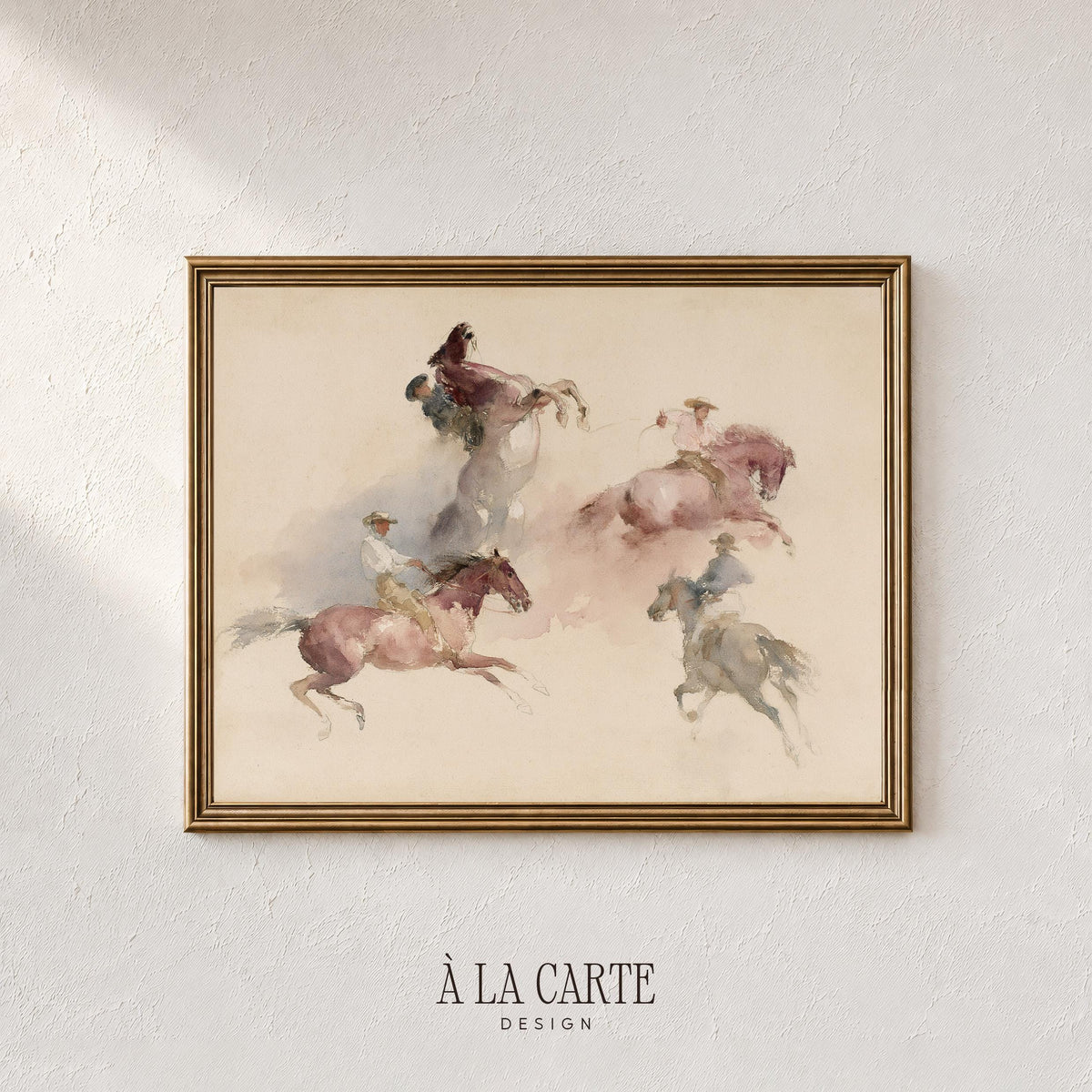 Vintage saddle riders artwork printable — loose watercolor style capturing movement in dusty pinks and warm neutrals