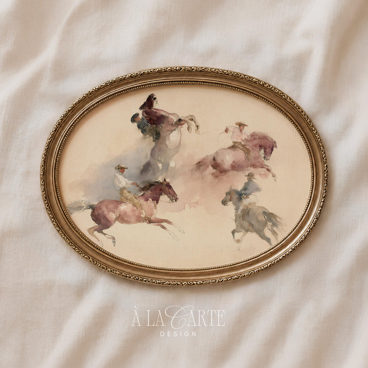 Dynamic horseback painting printable art for bedroom — weathered watercolor with muted dusty palette and movement-filled composition