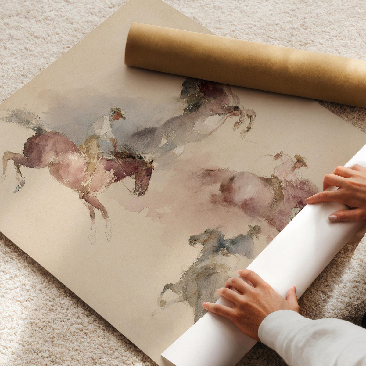 Mounted cowboys artwork instant download — rustic charm with hazy overlapping figures in warm earthy hues