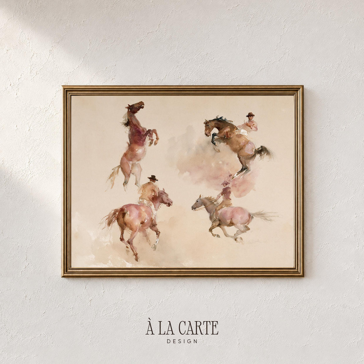 Rearing horse artwork for gallery wall — rustic four-scene composition with soft blush and beige farmhouse aesthetic