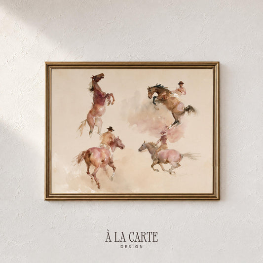 Rearing horse artwork for gallery wall — rustic four-scene composition with soft blush and beige farmhouse aesthetic