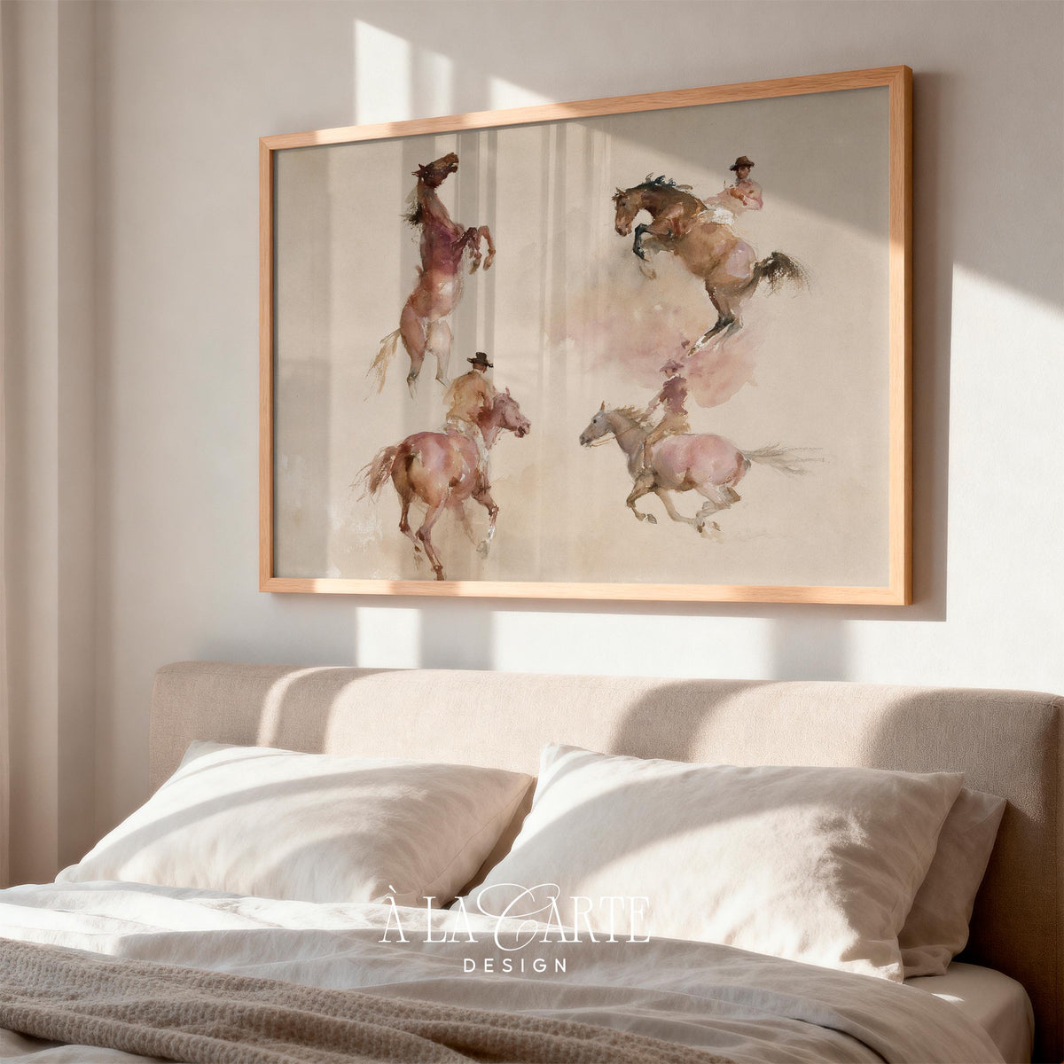 Dusty ranch scene wall art for living space — four-composition western painting with blush and beige color scheme