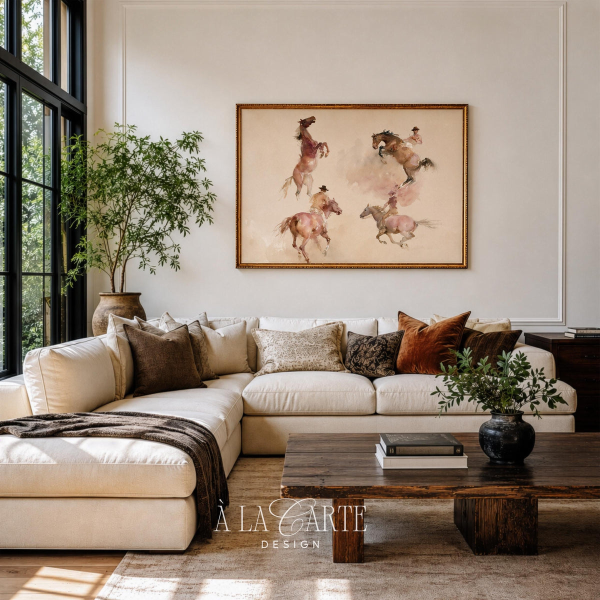 Cowboy scene digital download for bedroom — watercolor print with vintage ranch feel and dynamic horse movement