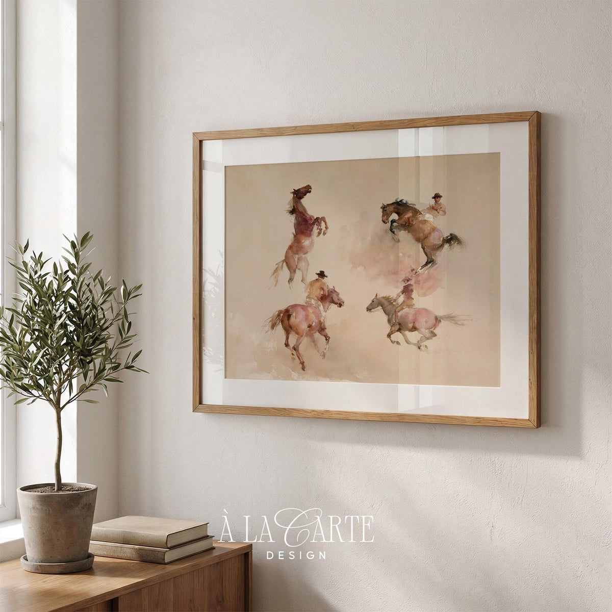 Open-range horse painting wall art for above bed — warm neutral tones with soft-brush western farmhouse style
