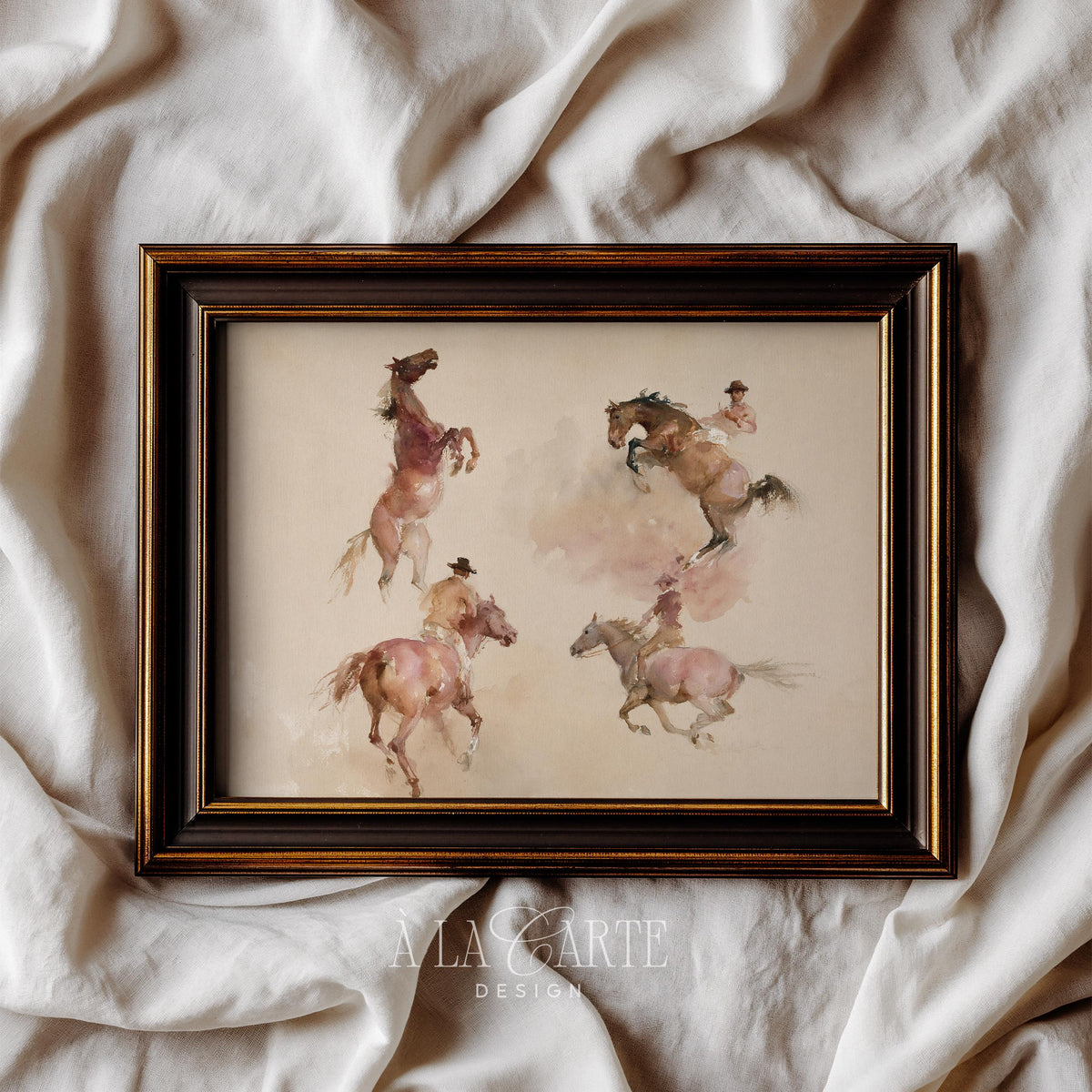 Gallop motion western digital print for above bed — watercolor horse painting with muted tones and dynamic open-range feel