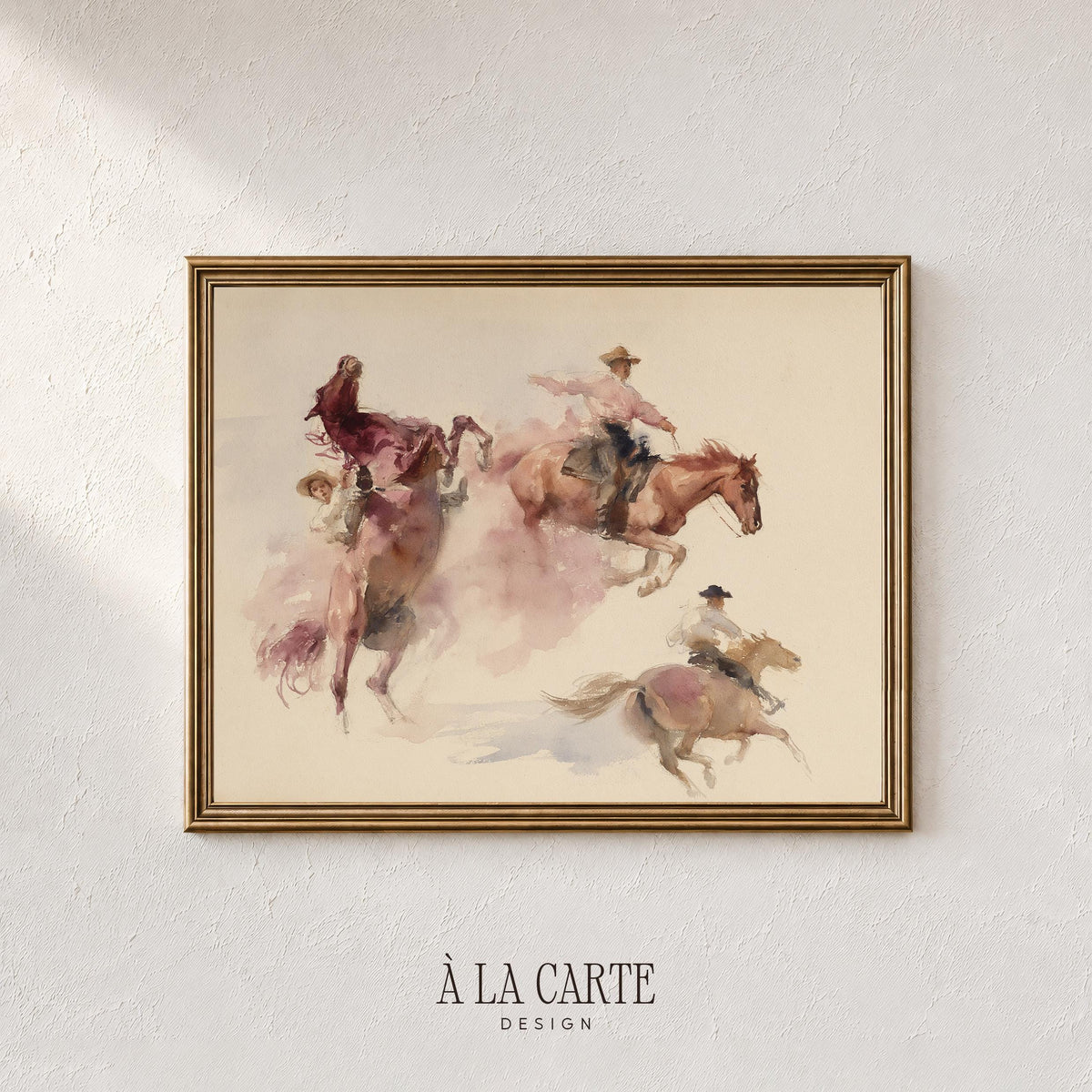 Wild west riders picture for bedroom — soft-focus southwestern painting with blended washes and movement blur