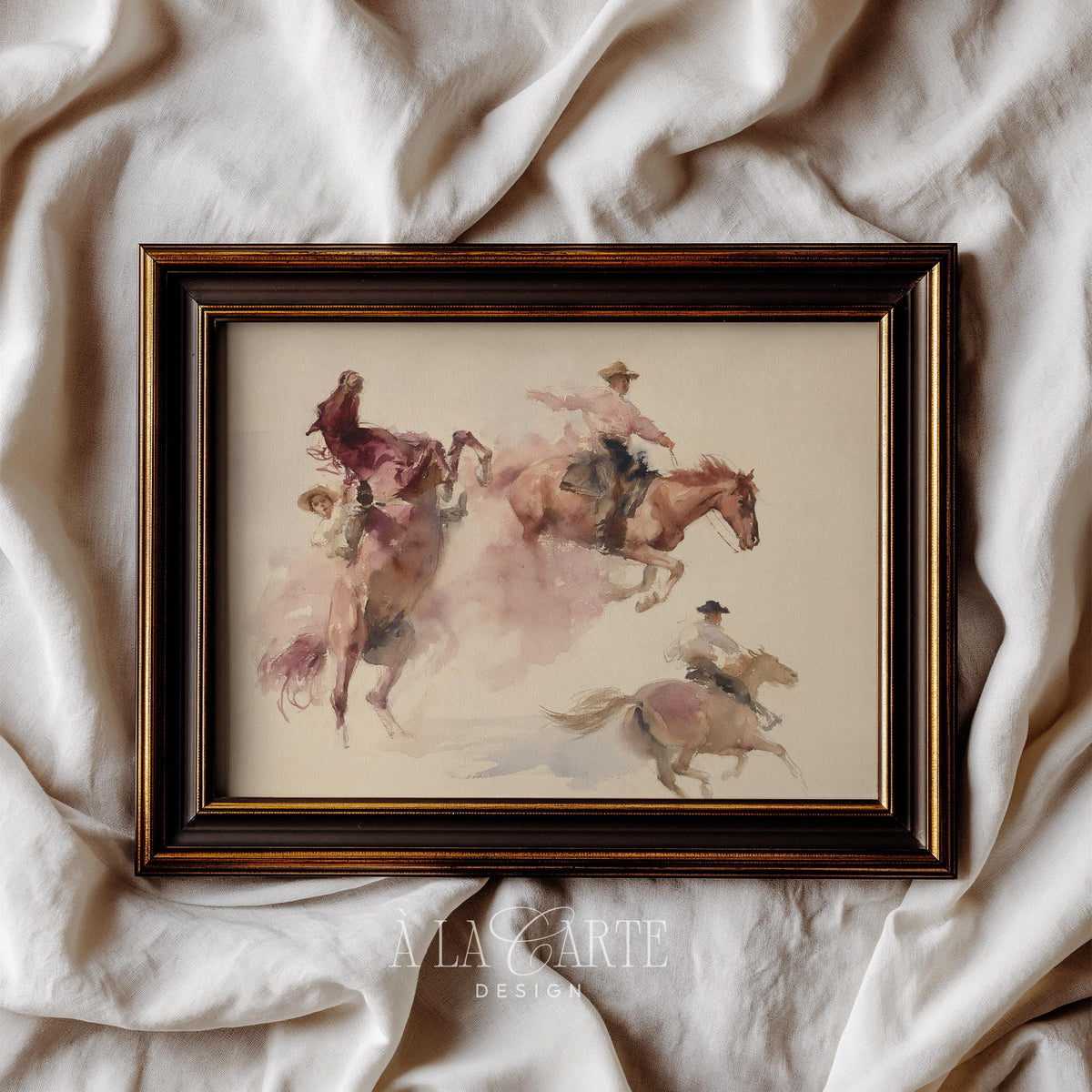 Cowboys in motion digital artwork for western room — warm tan and blush watercolor with dynamic energy