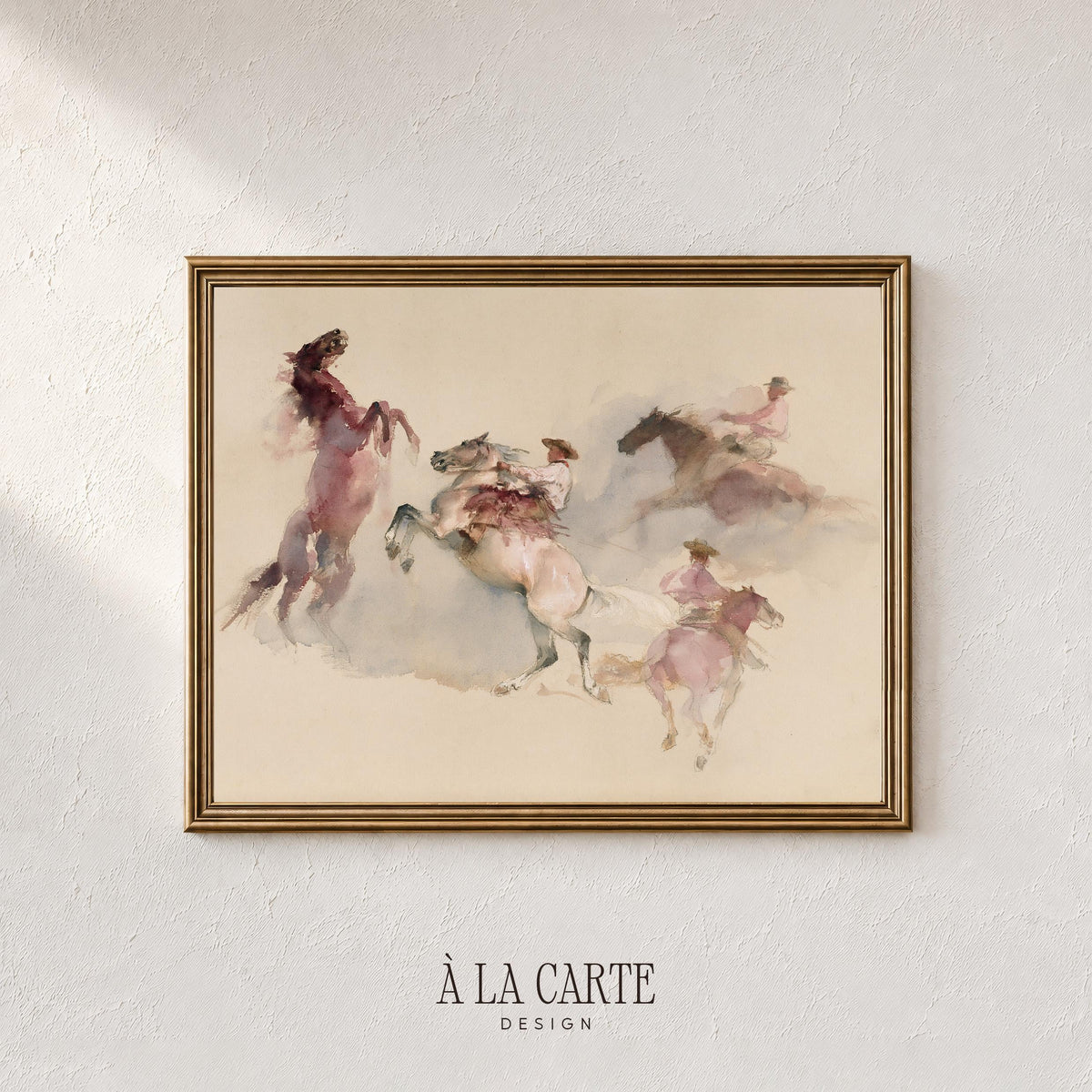Mounted riders in motion poster for living room — rustic southwestern artwork featuring weathered sepia and floating equestrian figures