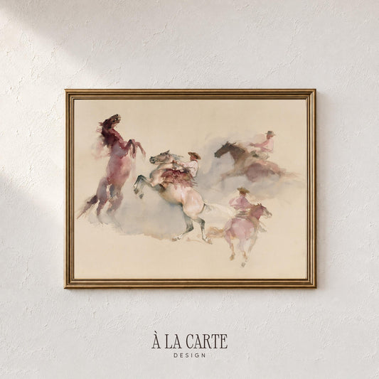 Mounted riders in motion poster for living room — rustic southwestern artwork featuring weathered sepia and floating equestrian figures