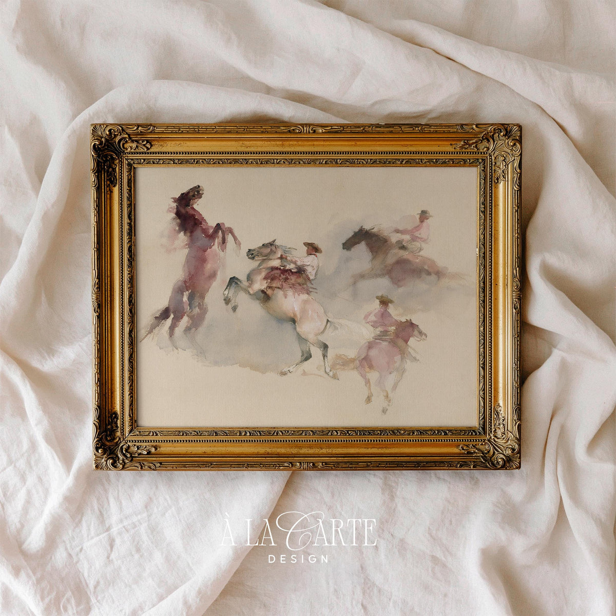 Rearing horses and bucking bronco wall decor printable — soft watercolor palette creating antique, worn-in aesthetic with dynamic action