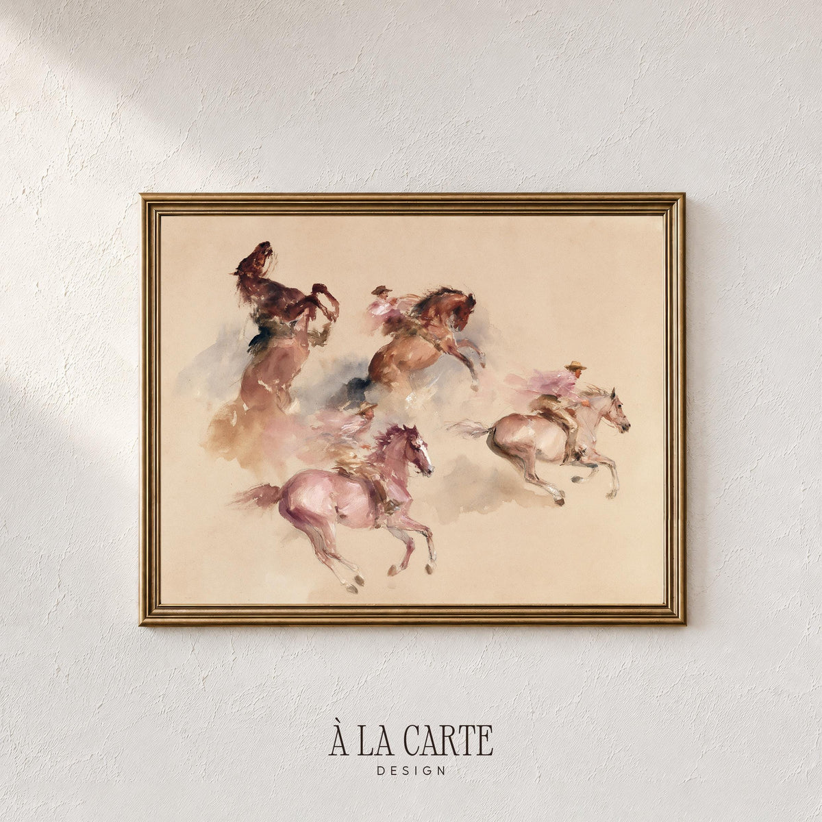 Horse and rider gallery print for bedroom — faded watercolor aesthetic with dynamic poses and blurred motion effect