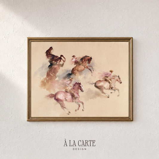 Horse and rider gallery print for bedroom — faded watercolor aesthetic with dynamic poses and blurred motion effect