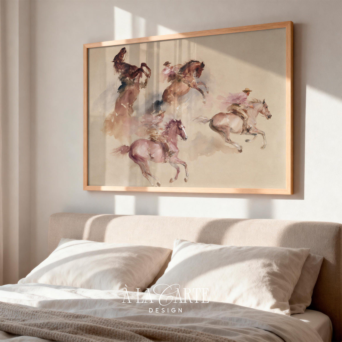 Ranch scene wall decor featuring equestrian movement — vintage artwork with sketchy brushstrokes on warm cream base