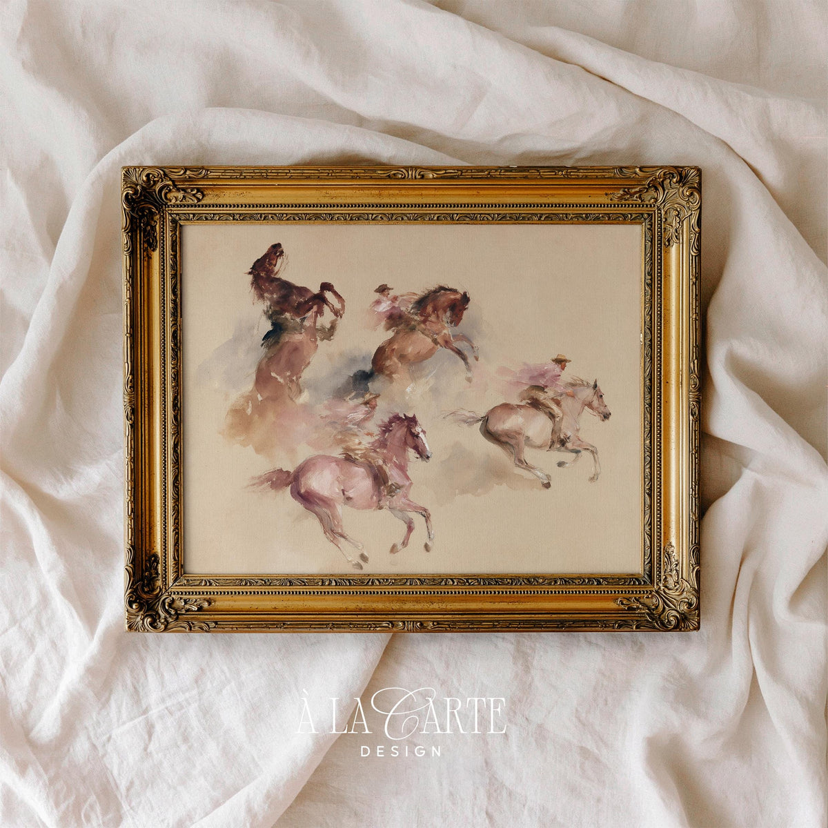 Horse and rider picture for living room — cottagecore-inspired watercolor with dusty rose accents and motion blur