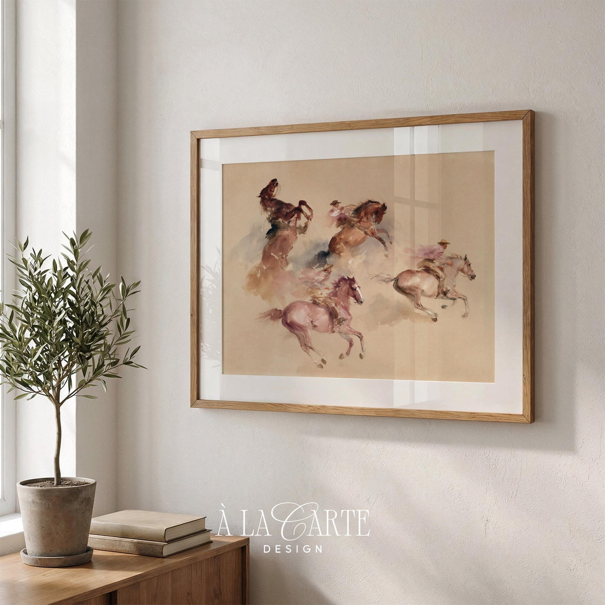Mounted rider and horses printable poster — atmospheric western artwork in blush tones and soft brushwork style