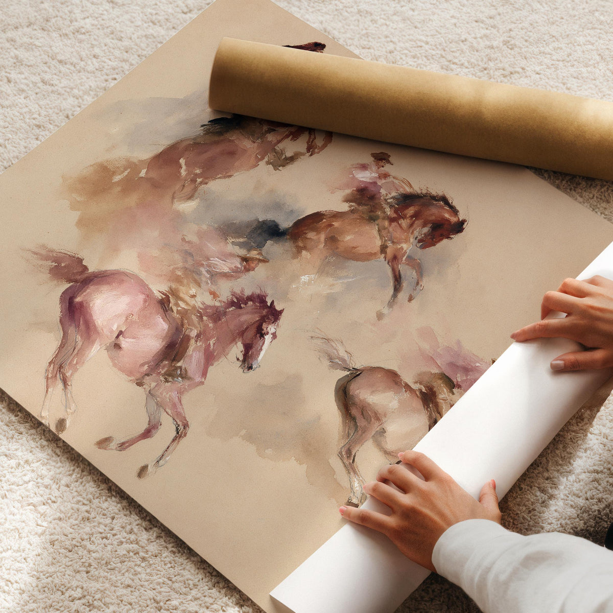 Horse collection poster for bedroom — soft watercolor illustration with sketchy strokes and cream-colored base