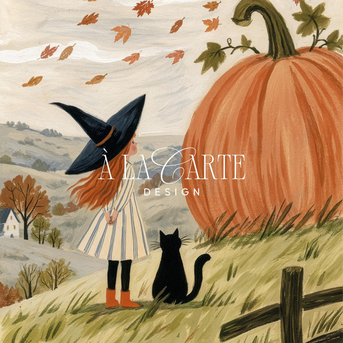 Cottagecore pumpkin season wall poster for farmhouse decor — folk-art girl, black feline, and field of tall grasses