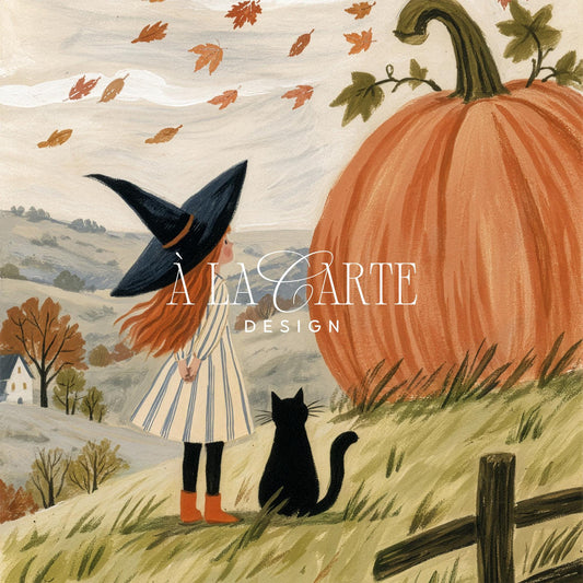 Cottagecore pumpkin season wall poster for farmhouse decor — folk-art girl, black feline, and field of tall grasses
