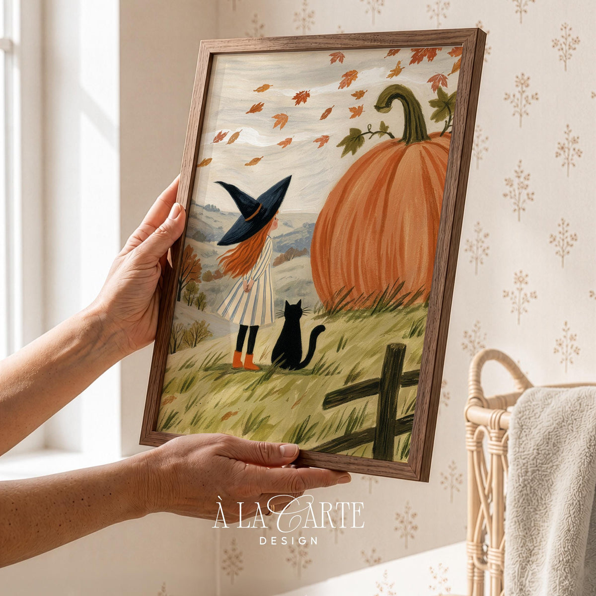 Little witch girl and giant pumpkin printable art for fall nursery — cottagecore folk art with muted autumn colors