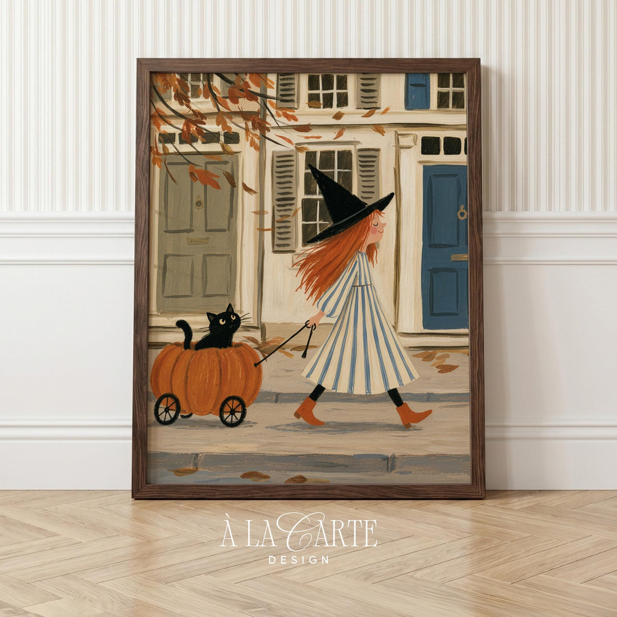 Harvest-themed instant download wall art showing costumed woman with furry companion in festive cart display