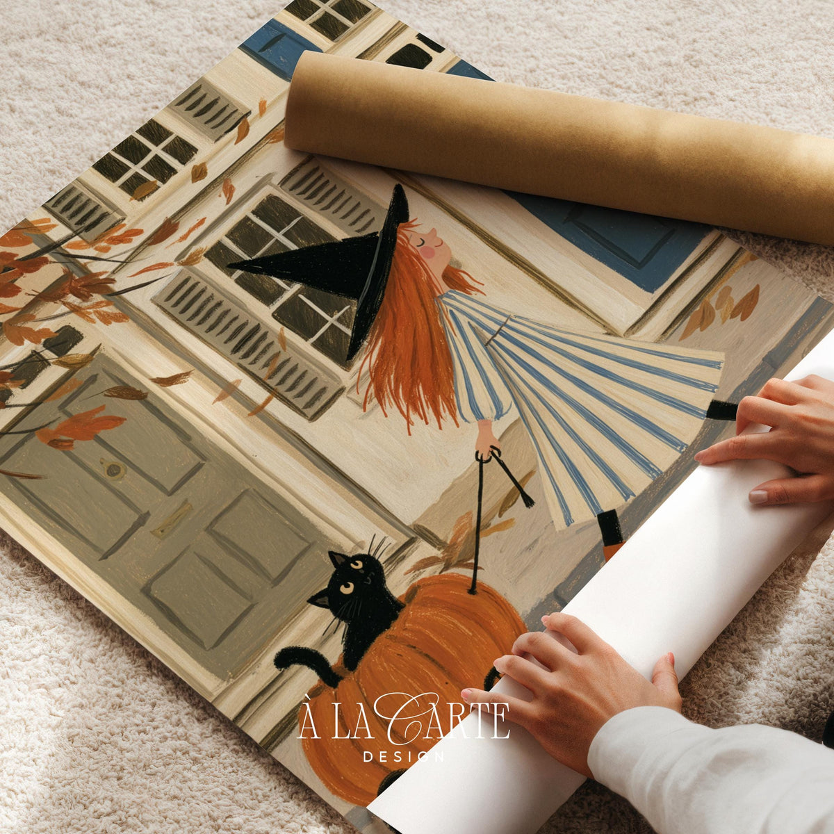Festive Halloween printable art featuring witch in striped dress with feline companion and autumn foliage