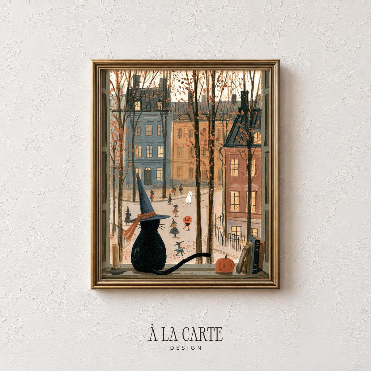 Feline in pointed hat printable art for living room — spooky-cute Halloween illustration with muted earth tones
