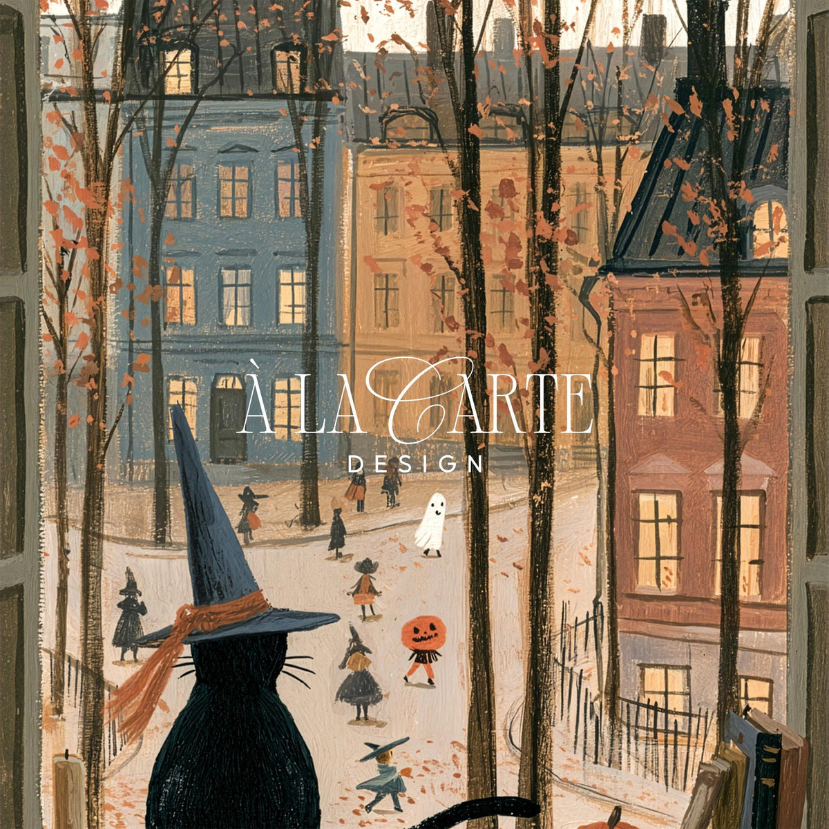 Black kitty in hat instant download art for kids' room — festive fall scene with cozy cottage vibes