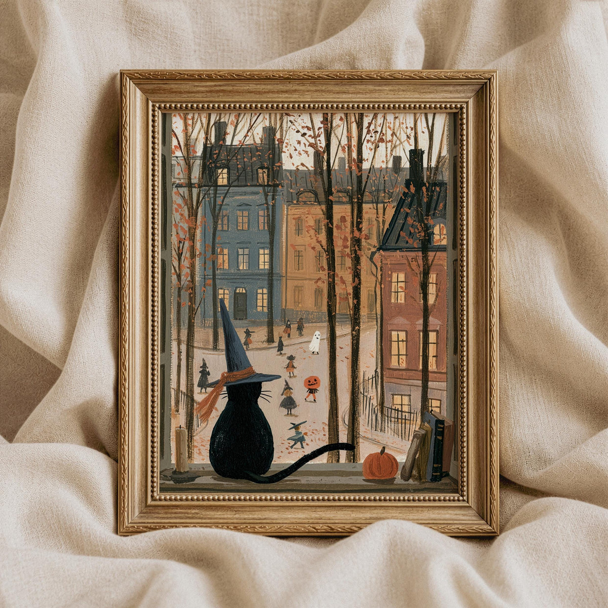 Halloween kitten artwork print for hallway — charming seasonal composition with costumed figures walking below