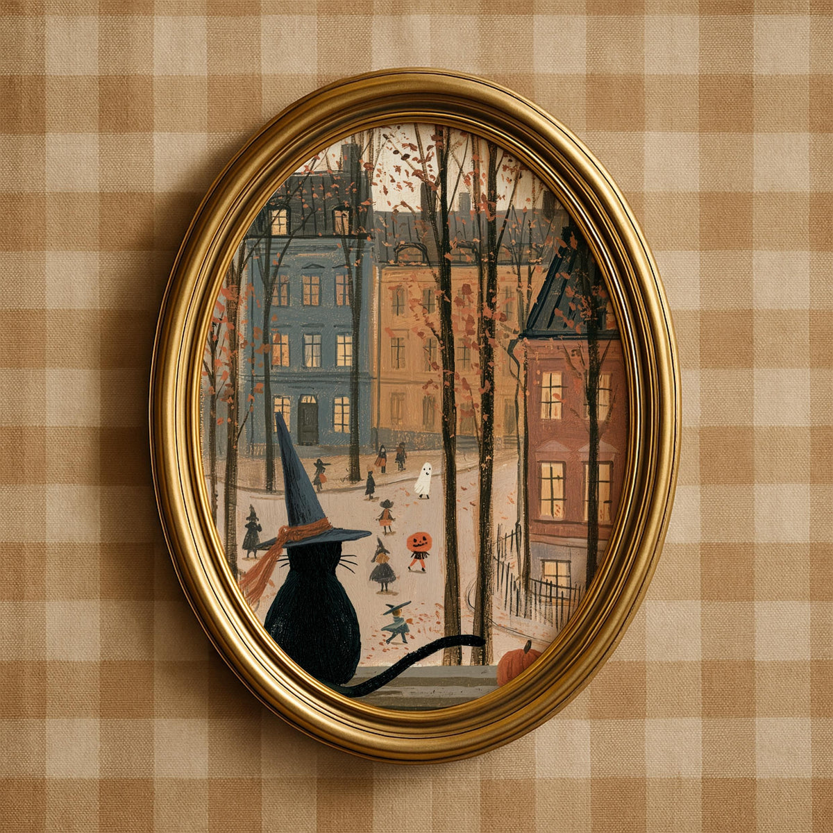 Gothic feline illustration printable for office — cozy autumn narrative with townhouse street setting