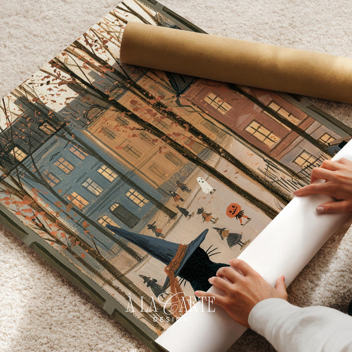 Tabby silhouette picture for nursery — whimsical fall scene with pumpkin and book stack details