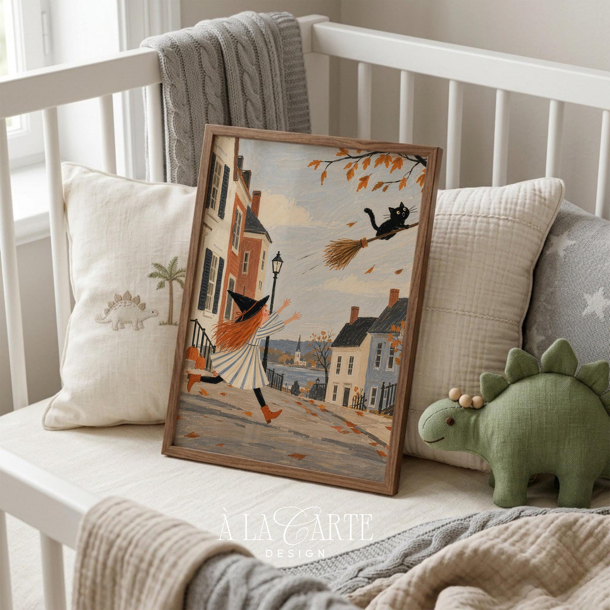 Witch pursuing enchanted broomstick poster — cozy seasonal wall decor with muted warm palette and storybook village setting