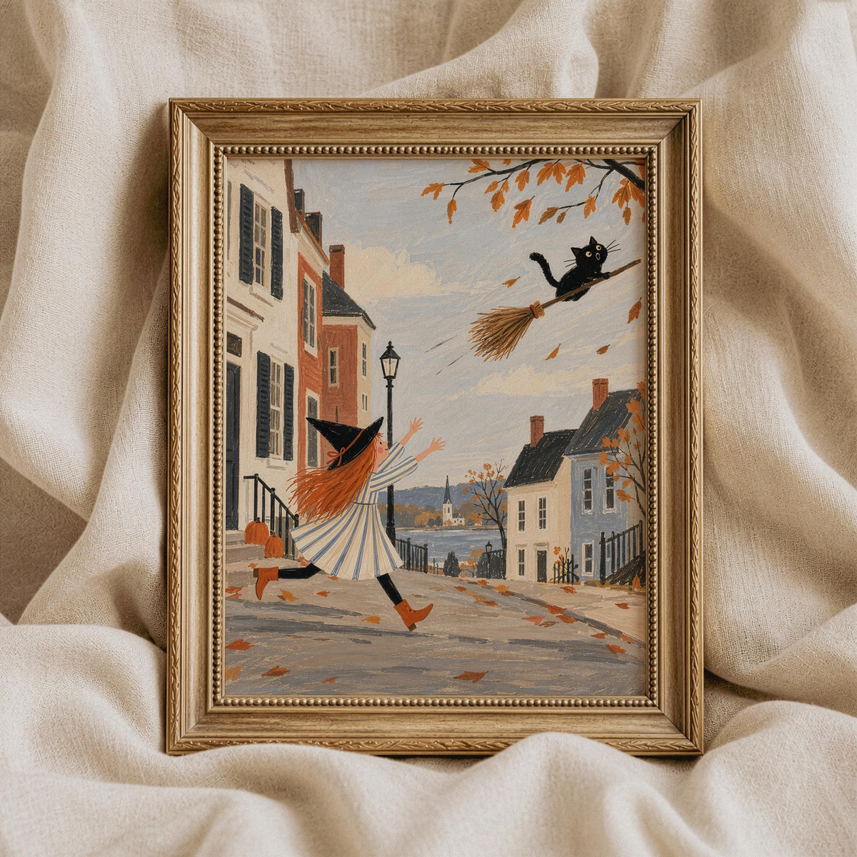 Broomstick escape Halloween picture — gallery wall art with nostalgic village charm and seasonal aesthetic