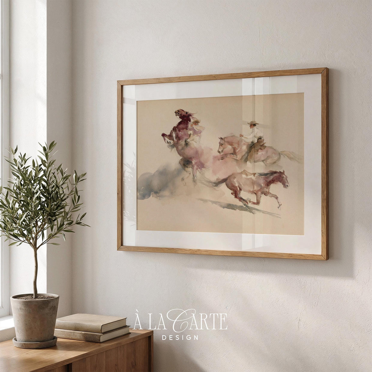 Cowboys herding galloping horses printable art — rustic western watercolor with dusty rose tones and movement
