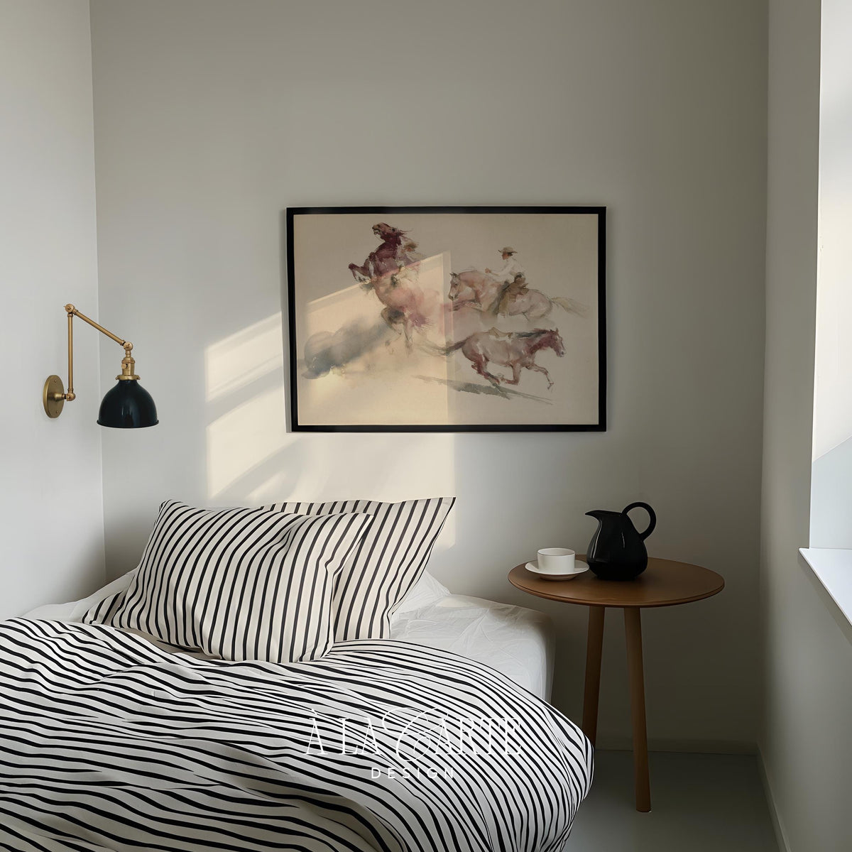 Galloping horse herd poster for girls bedroom — soft farmhouse aesthetic with muted rose and earth tones
