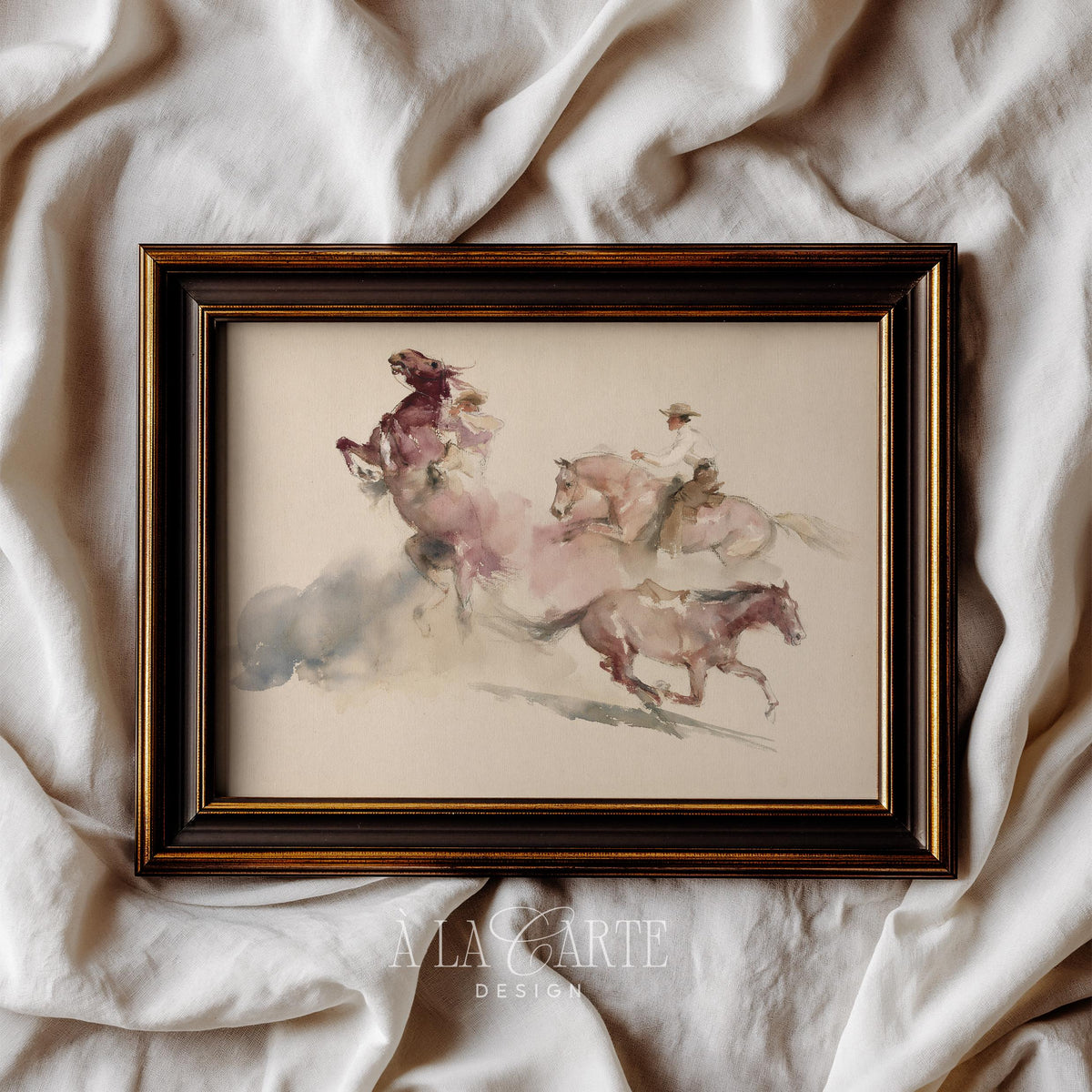 Horse and rider illustration printable — rustic western painting with light airy washes and warm shadows