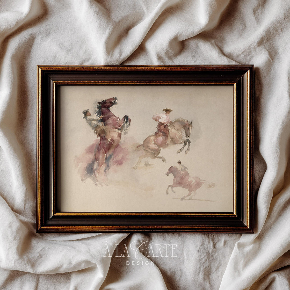 Dynamic cowboy on horseback poster for living room — loose brushwork watercolor with dusty terrain wash