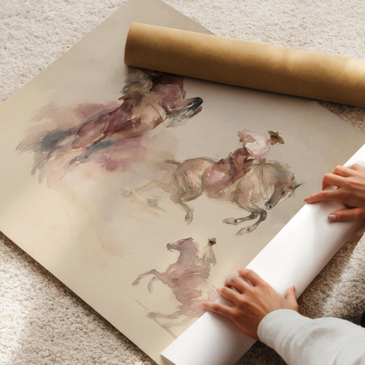 Galloping cowboy digital wall art for ranch decor — soft detail rendering in warm neutral tones
